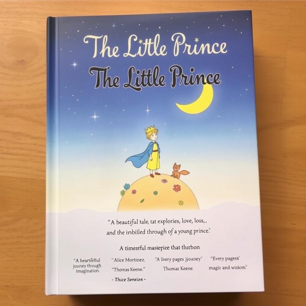 A whimsical book cover for 'The Little Prince,' featuring a night sky with twinkling stars and a large, golden crescent moon