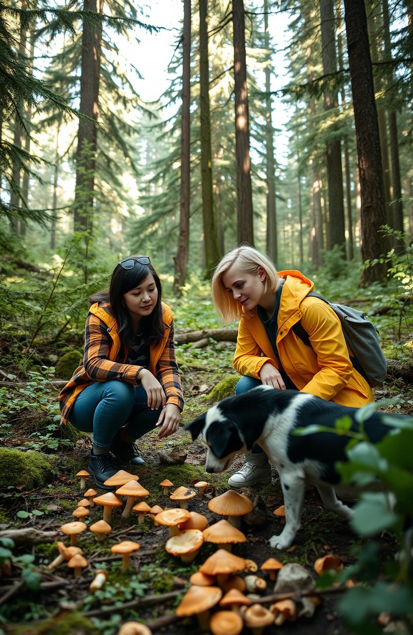 Two female college students in a lush Pacific Northwest forest, surrounded by tall evergreen trees and underbrush, crouched down with curiosity