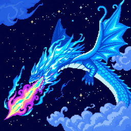 A stunning blue flame dragon rendered in pixel art style, featuring intricate details like shimmering scales and vibrant blue flames emitting from its mouth and body