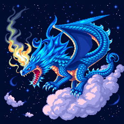 A stunning blue flame dragon rendered in pixel art style, featuring intricate details like shimmering scales and vibrant blue flames emitting from its mouth and body