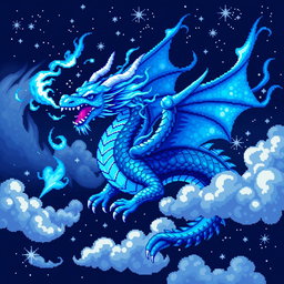 A stunning blue flame dragon rendered in pixel art style, featuring intricate details like shimmering scales and vibrant blue flames emitting from its mouth and body
