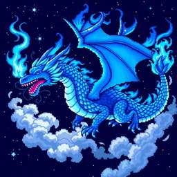 A stunning blue flame dragon rendered in pixel art style, featuring intricate details like shimmering scales and vibrant blue flames emitting from its mouth and body