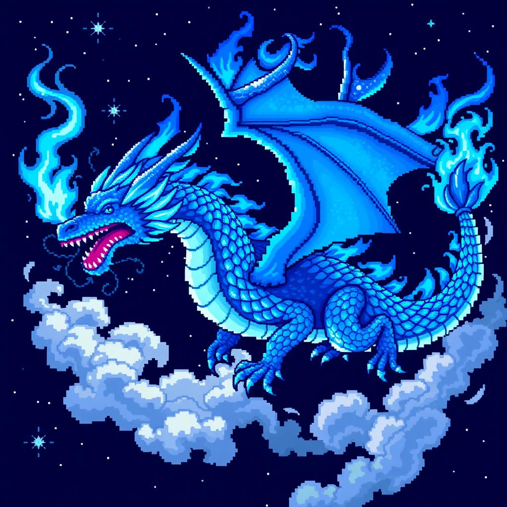 A stunning blue flame dragon rendered in pixel art style, featuring intricate details like shimmering scales and vibrant blue flames emitting from its mouth and body