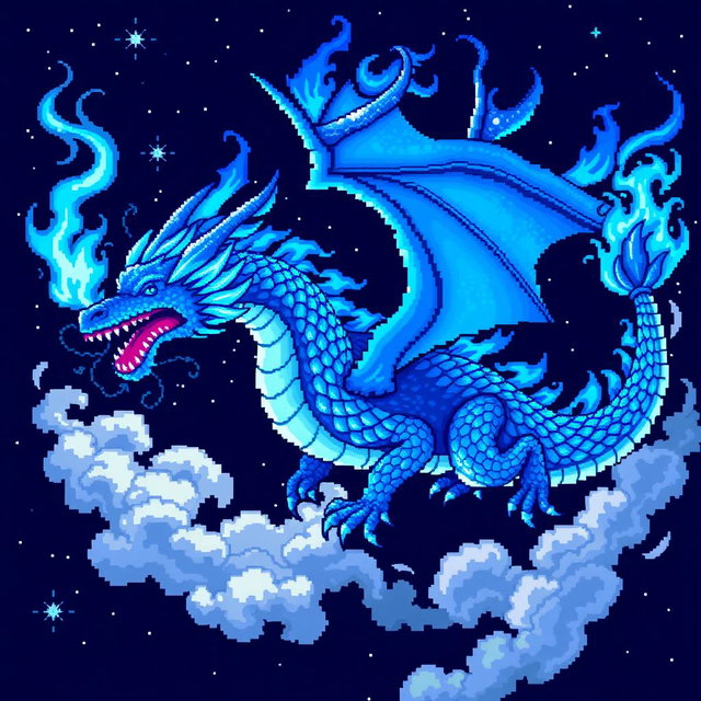 A stunning blue flame dragon rendered in pixel art style, featuring intricate details like shimmering scales and vibrant blue flames emitting from its mouth and body