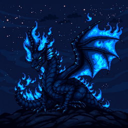 A captivating dark dragon with blue flames, illustrated in an intricate pixel art style