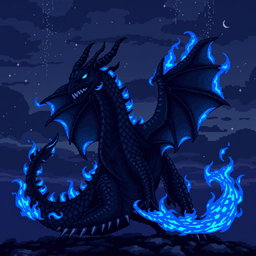 A captivating dark dragon with blue flames, illustrated in an intricate pixel art style