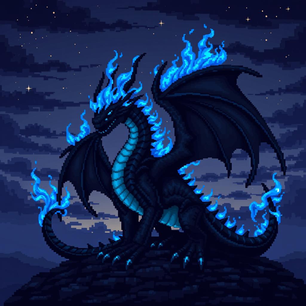 A captivating dark dragon with blue flames, illustrated in an intricate pixel art style