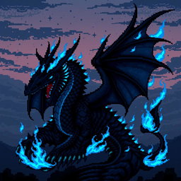 A captivating dark dragon with blue flames, illustrated in an intricate pixel art style