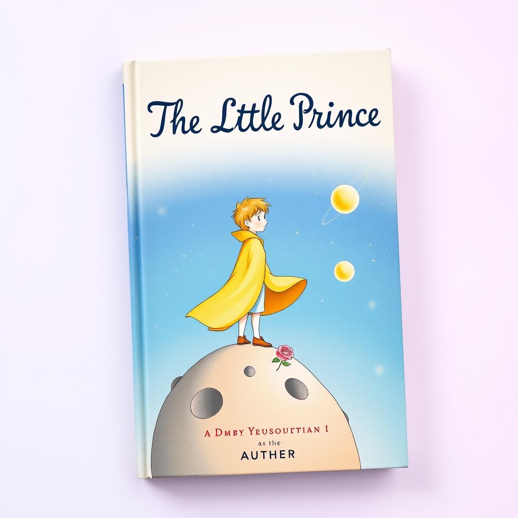 A whimsical book cover for 'The Little Prince' featuring a young boy in a flowing, golden cloak, standing on a small asteroid with a single rose in the foreground