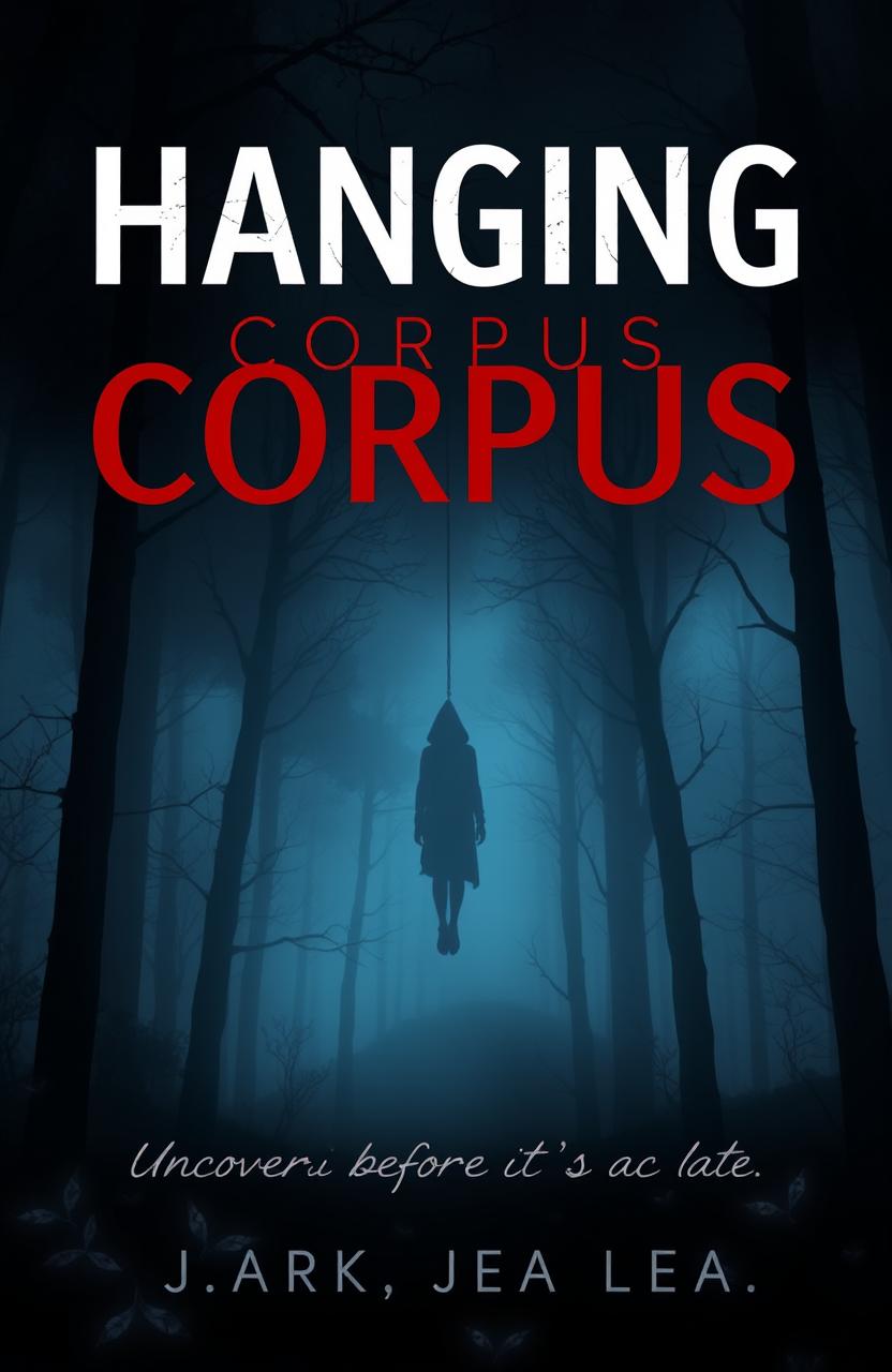 A chilling book cover design for 'Hanging Corpus' featuring a haunting misty forest as the background