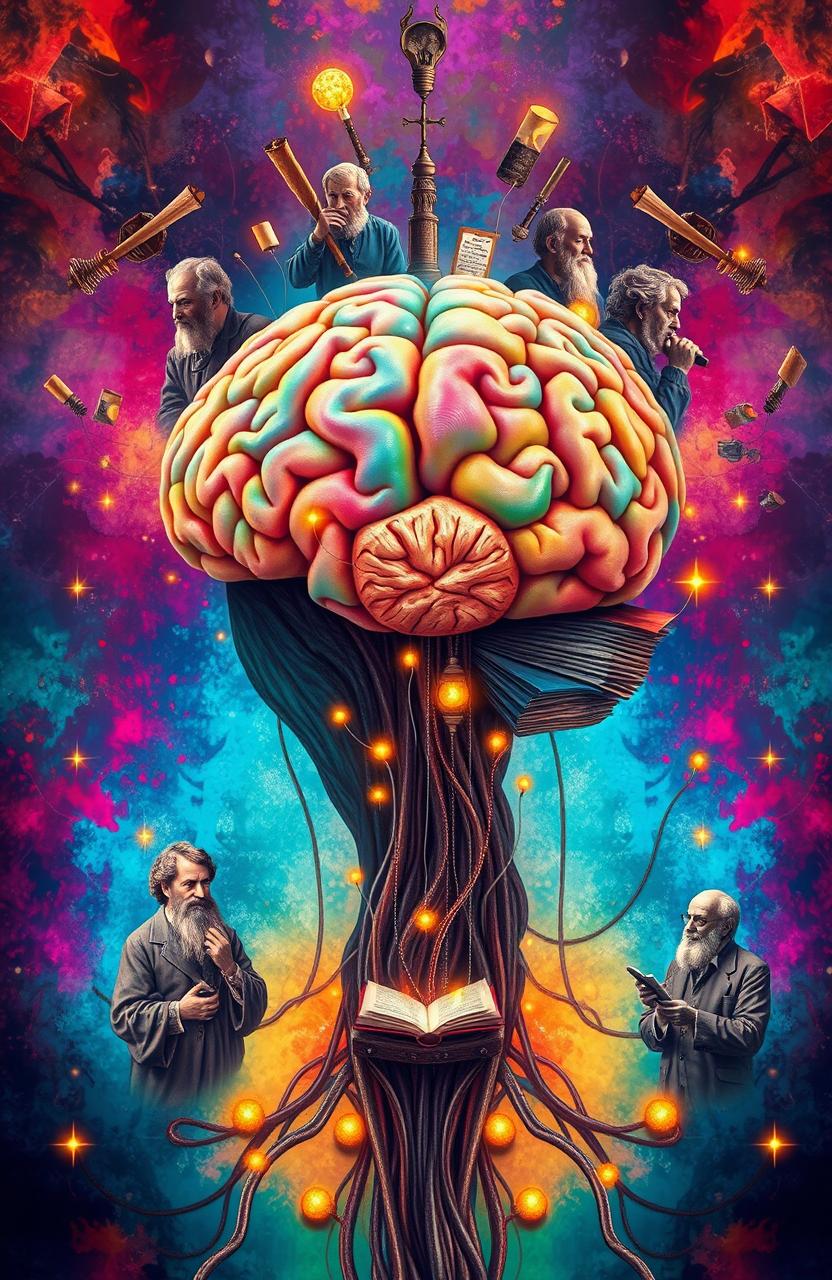 A surreal illustration depicting a philosopher's brain, intricately detailed and colorful, symbolizing the understanding of psychology