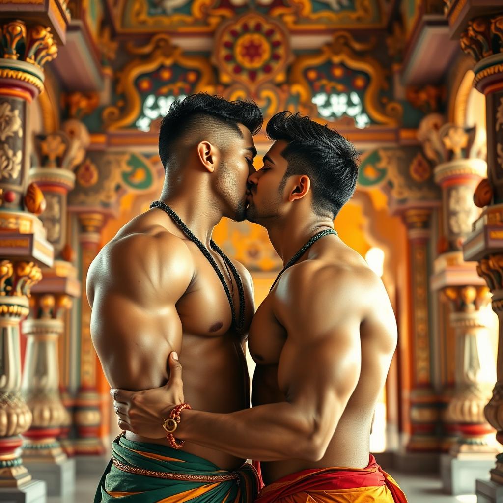 A captivating scene depicting two handsome Indian men with muscular bodies sharing a romantic kiss in a beautifully ornate temple setting