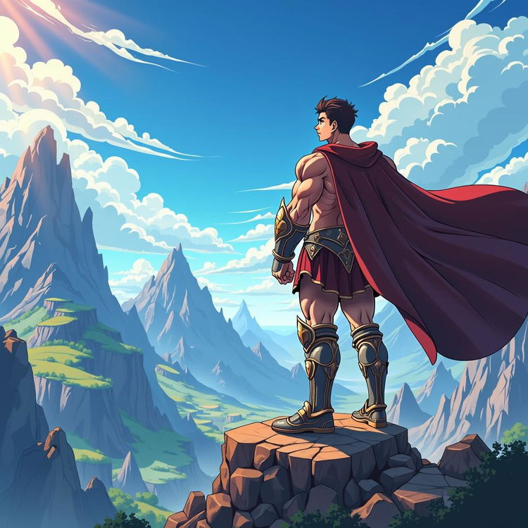 An anime-style depiction of a young, incredibly jacked conqueror standing atop a rugged mountain peak, showcasing his impressive physique