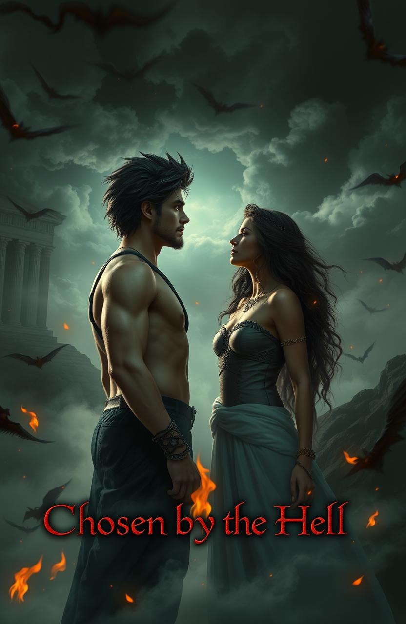 A young human girl in her 20s, adventurous and spirited, crosses paths with Hades, the Greek God of the Underworld, also portrayed as youthful and charismatic