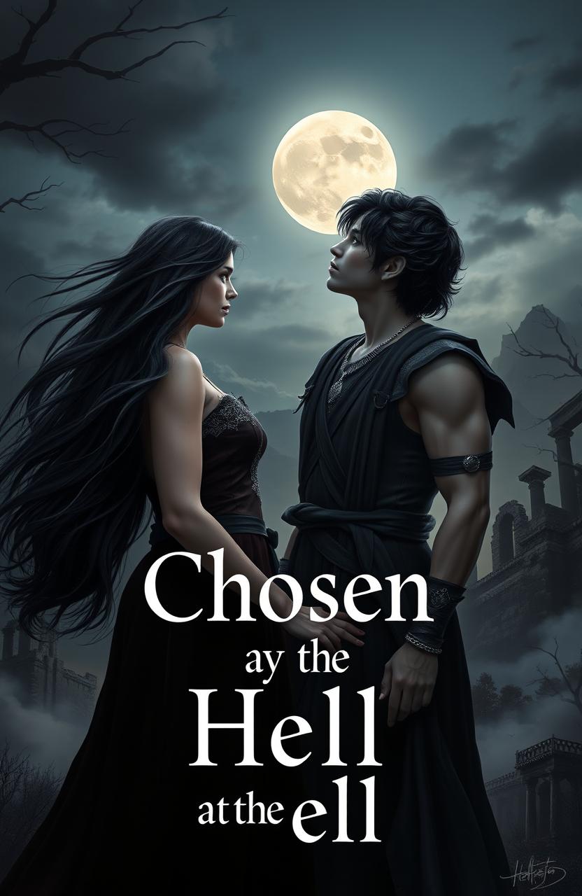 A young human girl in her 20s with flowing dark hair and an enchanting aura, standing under a moonlit sky in a gothic landscape