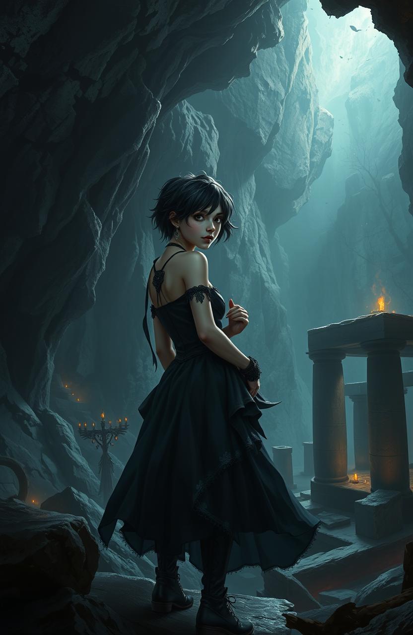 A captivating scene depicting a young human girl in her 20s, dressed in a gothic-style outfit, exploring the dark and enchanting underworld where she has adventures entwined with her romantic feelings for Hades, the Greek God of the Underworld