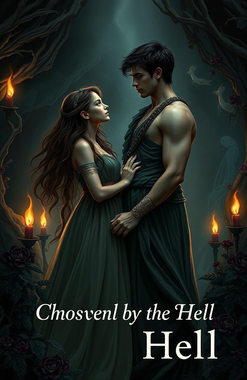 A captivating scene depicting a young human girl in her 20s, with long flowing hair, dressed in a mystical, flowing gown inspired by ancient Greek attire, standing in a dark and enchanting underworld landscape