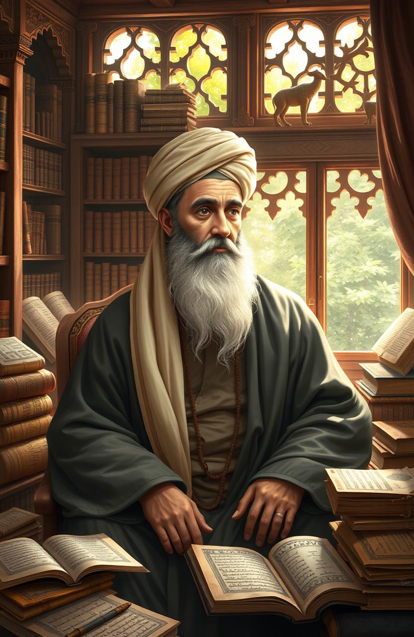 An artistic representation of Imam Bukhari, the renowned Islamic scholar and hadith compiler, depicted seated in a serene study filled with traditional Islamic decor