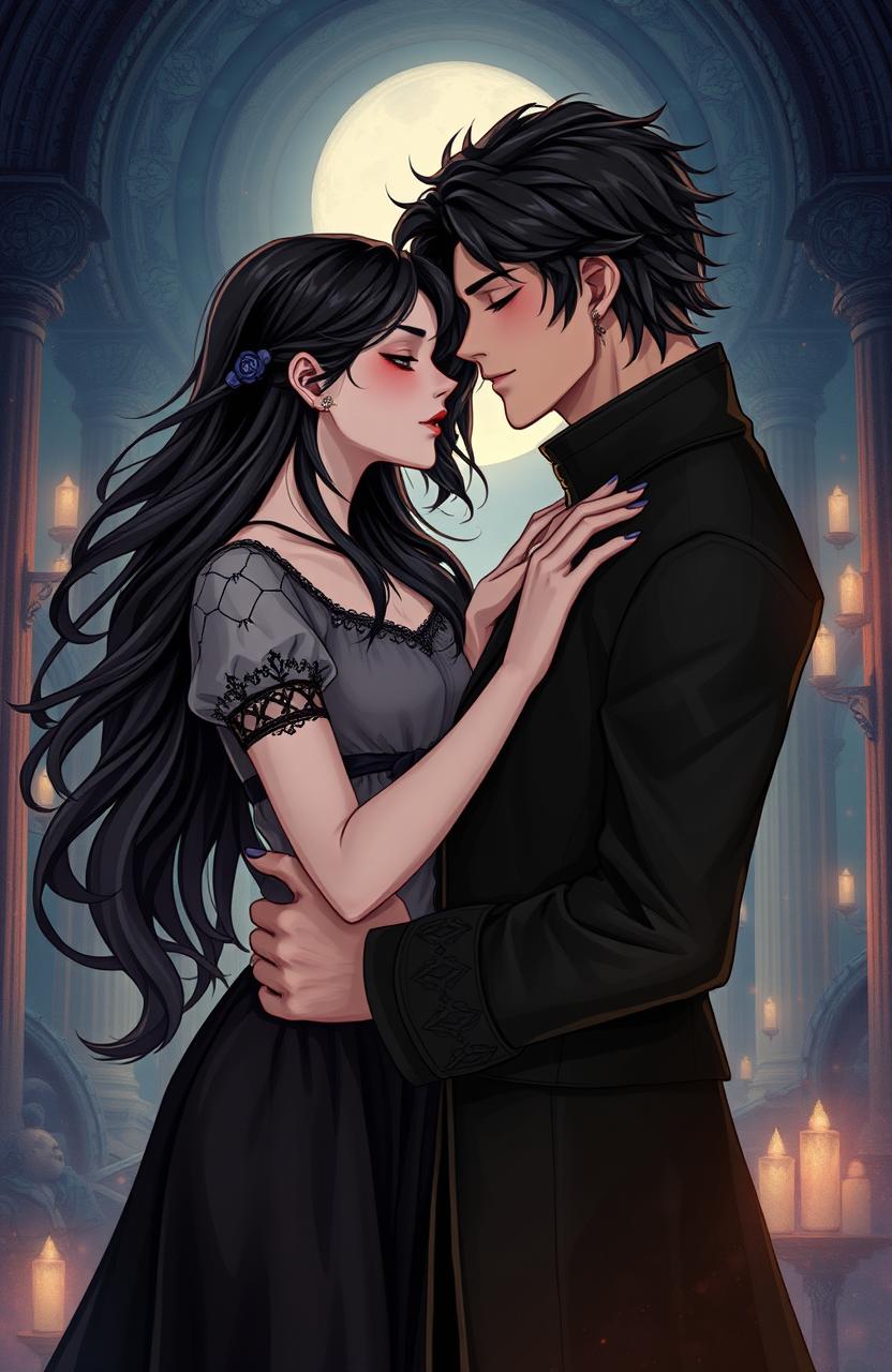 A captivating illustration of a young human girl in her 20s with flowing dark hair and an adventurous spirit, engaged in a romantic moment with Hades, the Greek God of the Underworld