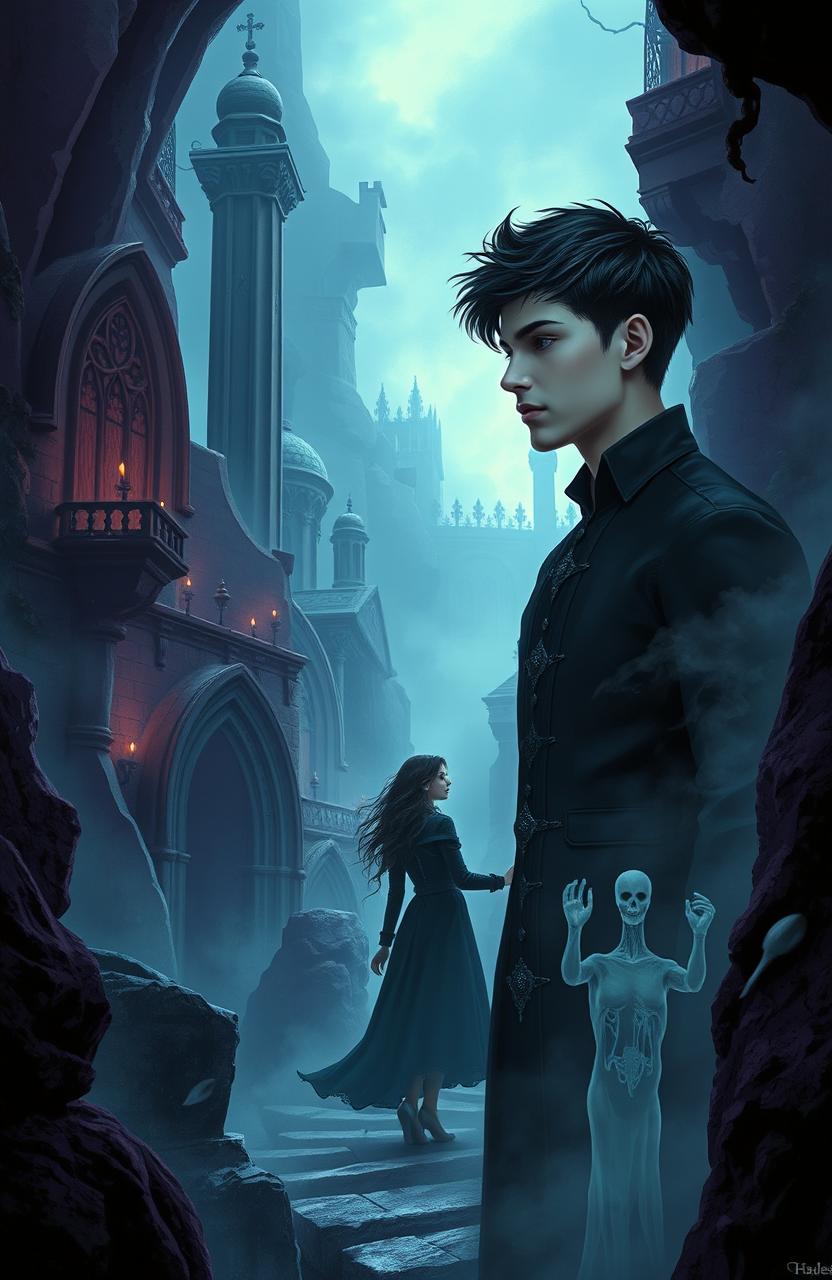 A captivating scene depicting a young human girl in her 20s, exploring the depths of the Underworld, surrounded by dark, misty landscapes adorned with gothic architecture