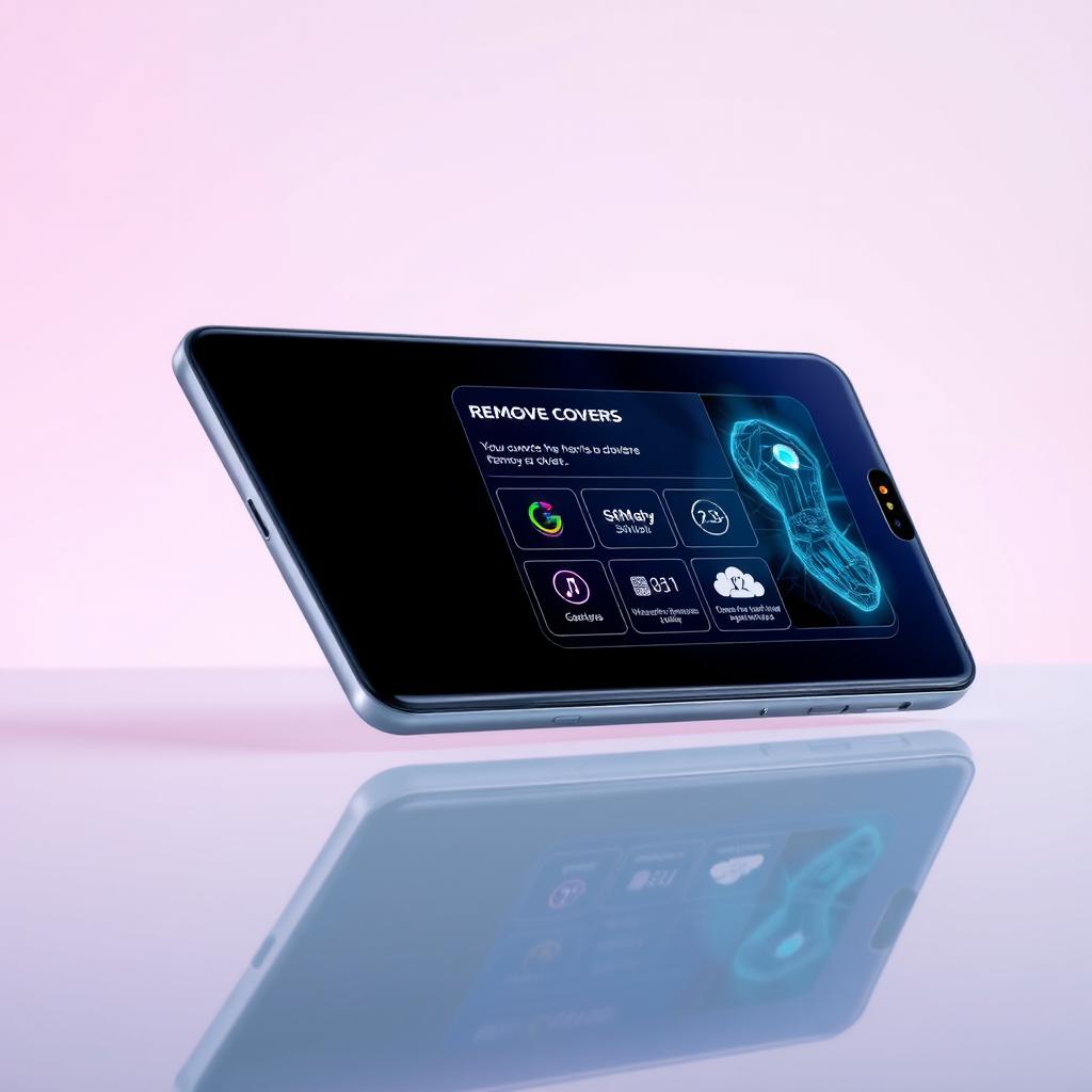 A modern Samsung smartphone displayed prominently, with a futuristic AI interface overlay showing options for removing covers
