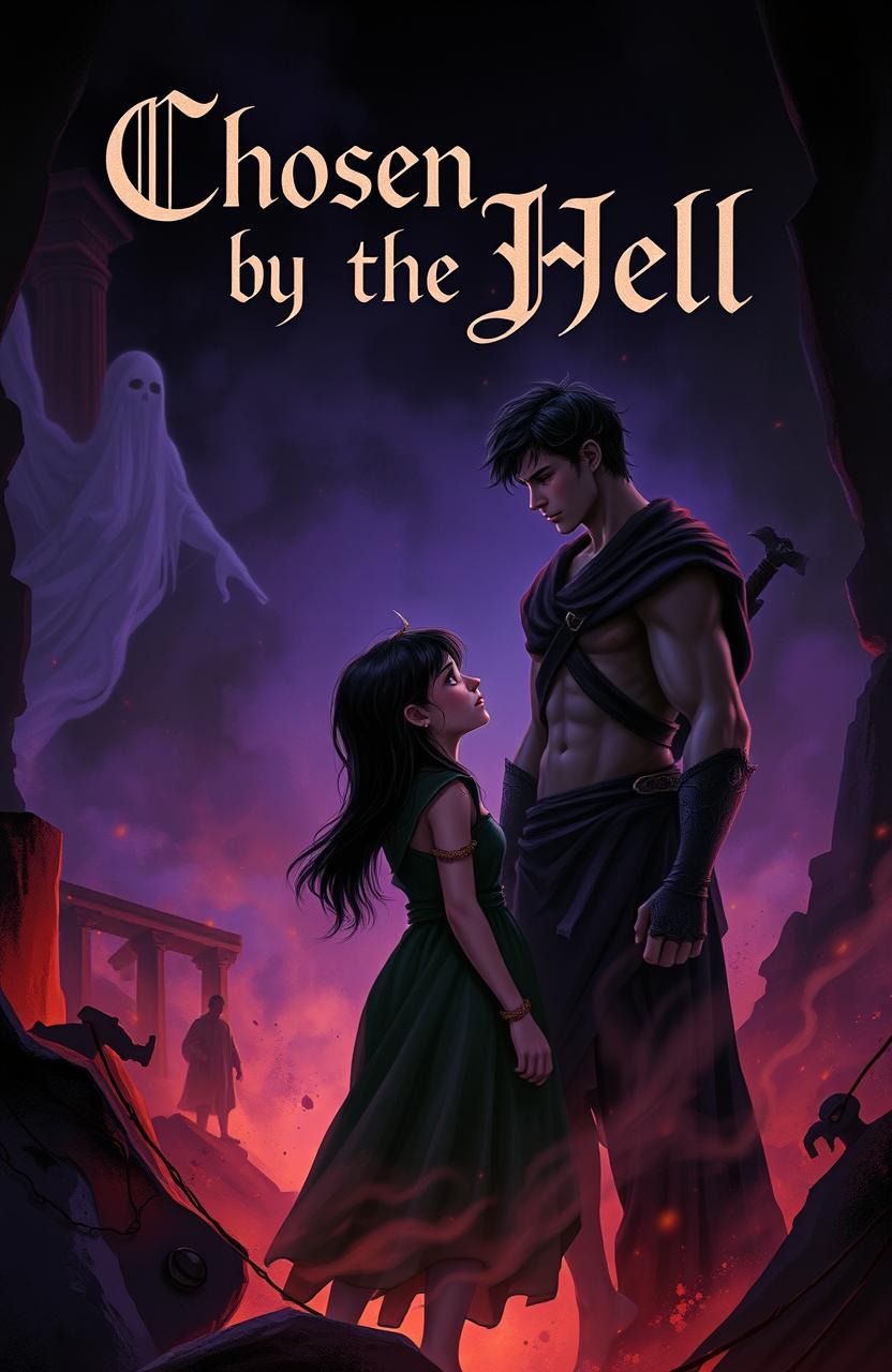 A young human girl in her 20s stands at the edge of a shadowy underworld, captivated by the darkly handsome Greek God Hades, who has short, tousled dark hair