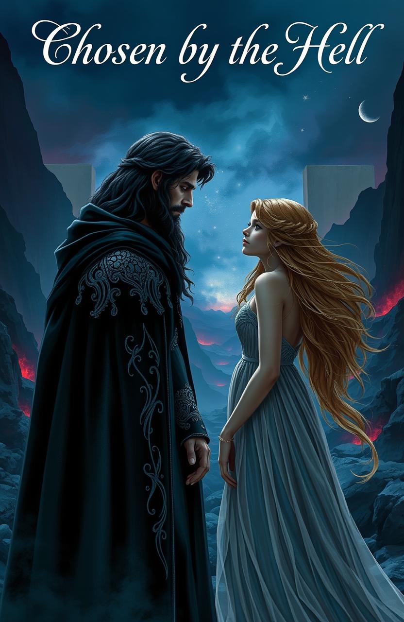 A captivating scene depicting a young human girl in her 20s with flowing hair, dressed in a mystical gown, standing at the entrance of the Underworld