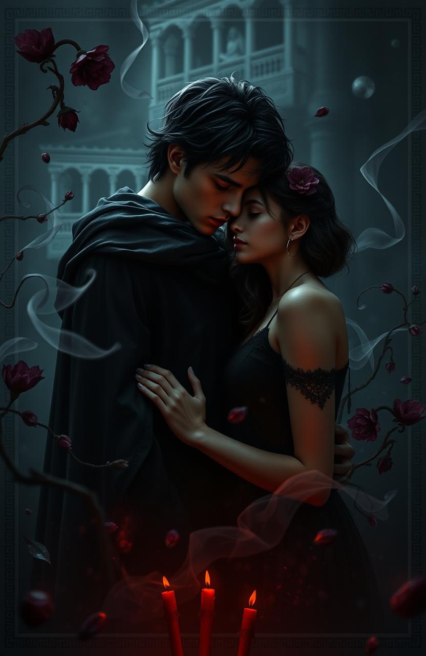 In a mystical, dark-themed realm inspired by Greek mythology, a young woman in her 20s embarks on an adventurous journey that leads her to the enigmatic Greek God Hades