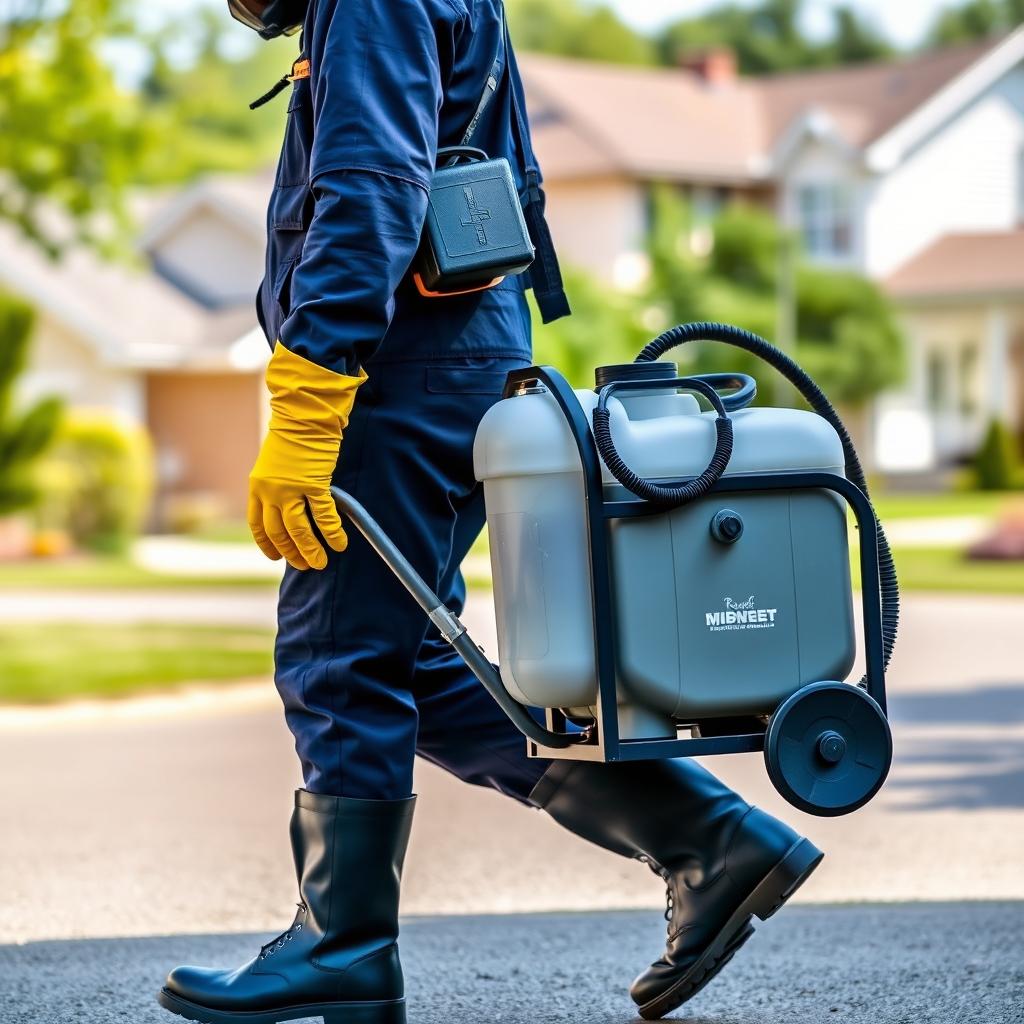 A realistic photo of a man wearing a navy blue coverall suit and black safety boots, carrying a thermal fogging machine used for mosquito prevention