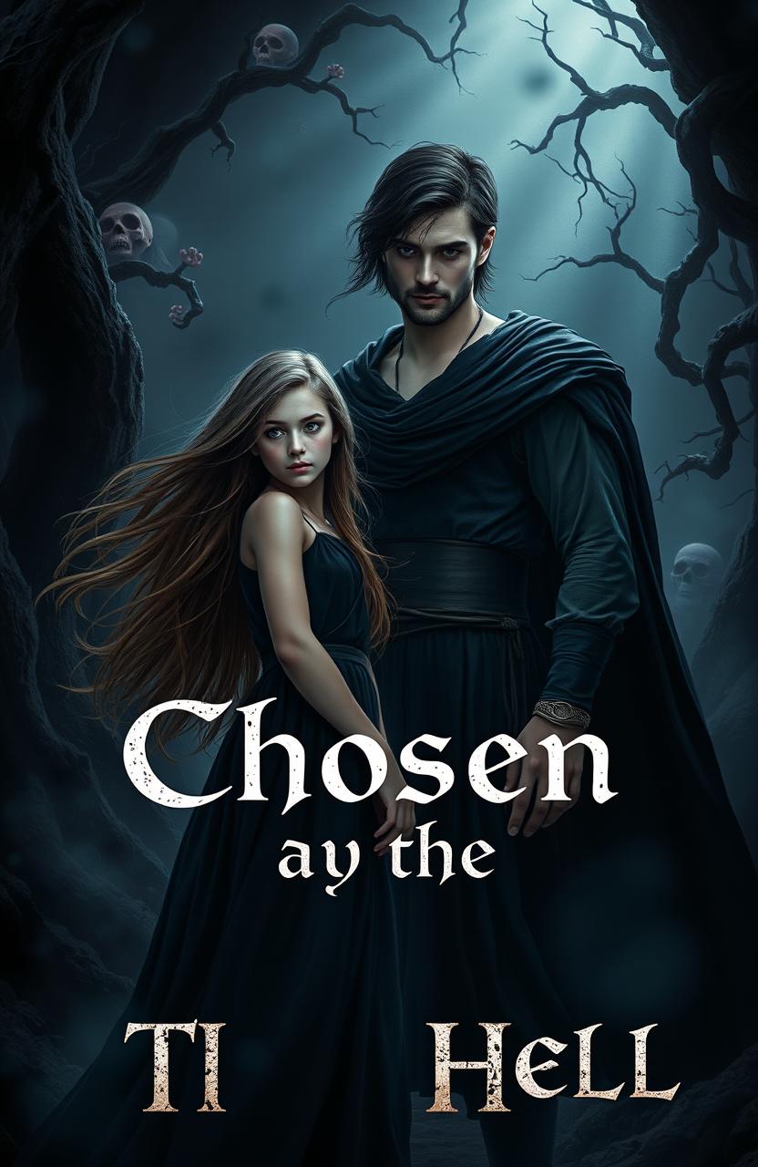 A captivating image of a young human girl in her 20s with long flowing hair, dressed in flowing dark garments, standing at the entrance of the underworld, looking intrigued and determined, with dark and ominous ethereal elements around her