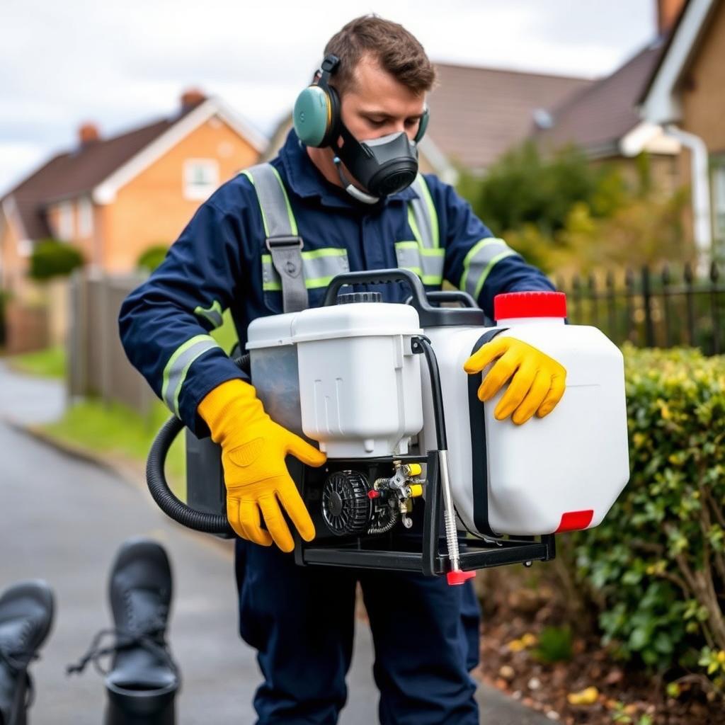 A realistic photo of a man wearing a navy blue coverall suit adorned with reflective stripes, paired with black safety boots and yellow hand gloves