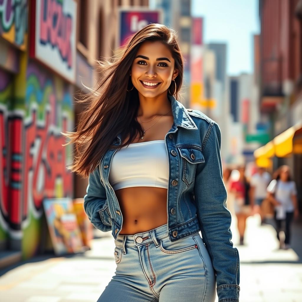 A fashion-forward young woman posing confidently in a vibrant urban environment