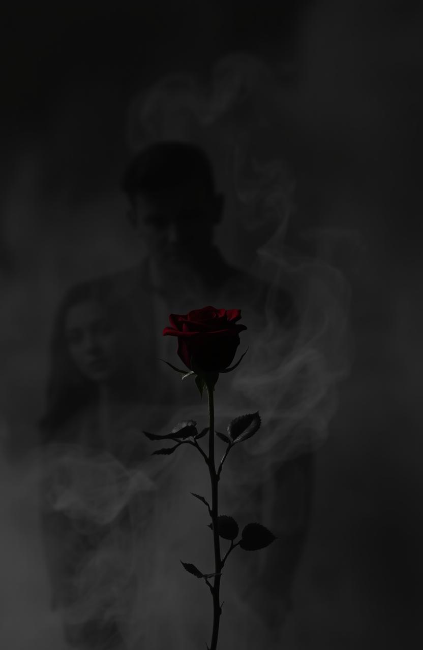 A mysterious scene depicting two men and a woman in shadow, partially obscured by swirling gray smoke