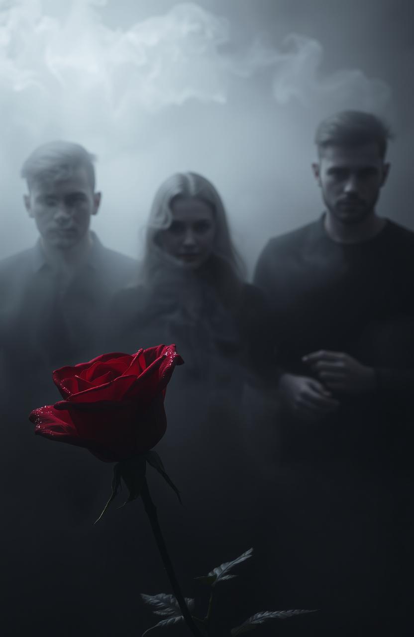 In a mysterious and atmospheric scene, two men and a woman are obscured in shadows, shrouded by swirling gray smoke that creates an enigmatic ambiance