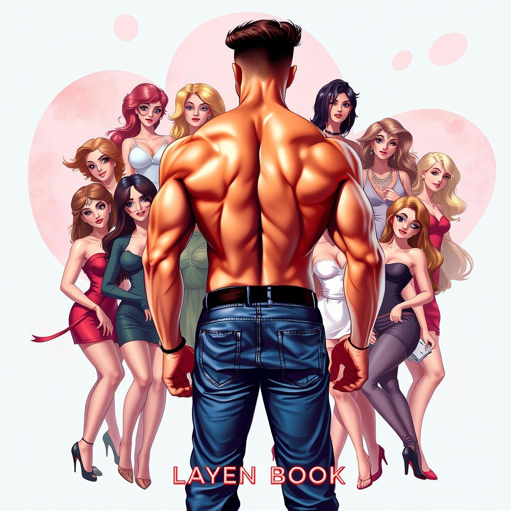 A book cover featuring a muscular man's back, showcasing a well-defined physique, surrounded by numerous beautiful women exuding elegance and charm