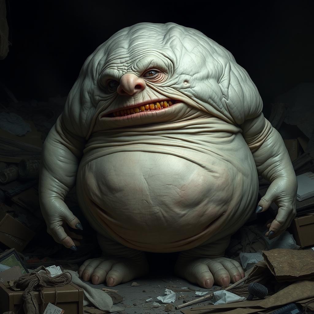 A grotesquely exaggerated creature with a very large, round body, covered in wrinkled, sagging skin in a dull, greyish hue