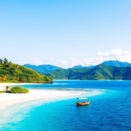 A stunning landscape of a Sundanese island, featuring lush green hills, pristine beaches with soft white sand, vibrant tropical flowers, and palm trees swaying in the gentle breeze