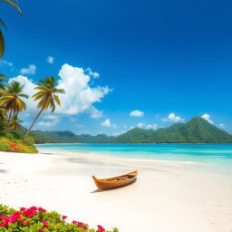 A stunning landscape of a Sundanese island, featuring lush green hills, pristine beaches with soft white sand, vibrant tropical flowers, and palm trees swaying in the gentle breeze