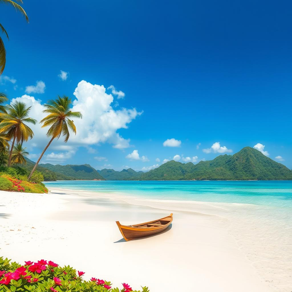 A stunning landscape of a Sundanese island, featuring lush green hills, pristine beaches with soft white sand, vibrant tropical flowers, and palm trees swaying in the gentle breeze