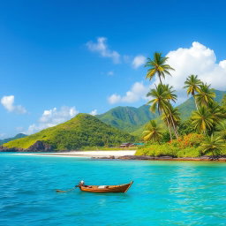 A stunning landscape of a Sundanese island, featuring lush green hills, pristine beaches with soft white sand, vibrant tropical flowers, and palm trees swaying in the gentle breeze