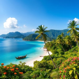A stunning landscape of a Sundanese island, featuring lush green hills, pristine beaches with soft white sand, vibrant tropical flowers, and palm trees swaying in the gentle breeze