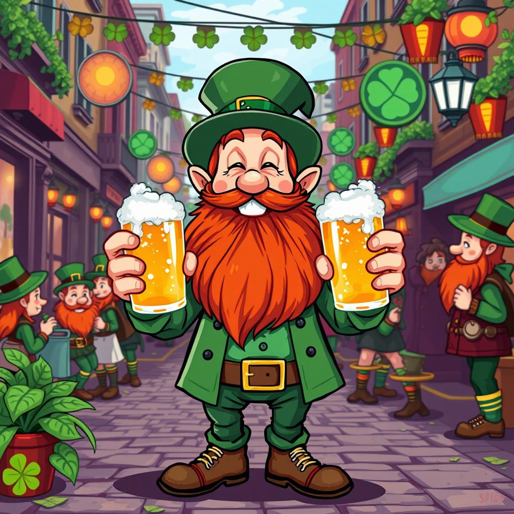 A vibrant pixel art scene featuring a 30-year-old leprechaun with a striking red beard, cheerfully holding two frosty beers