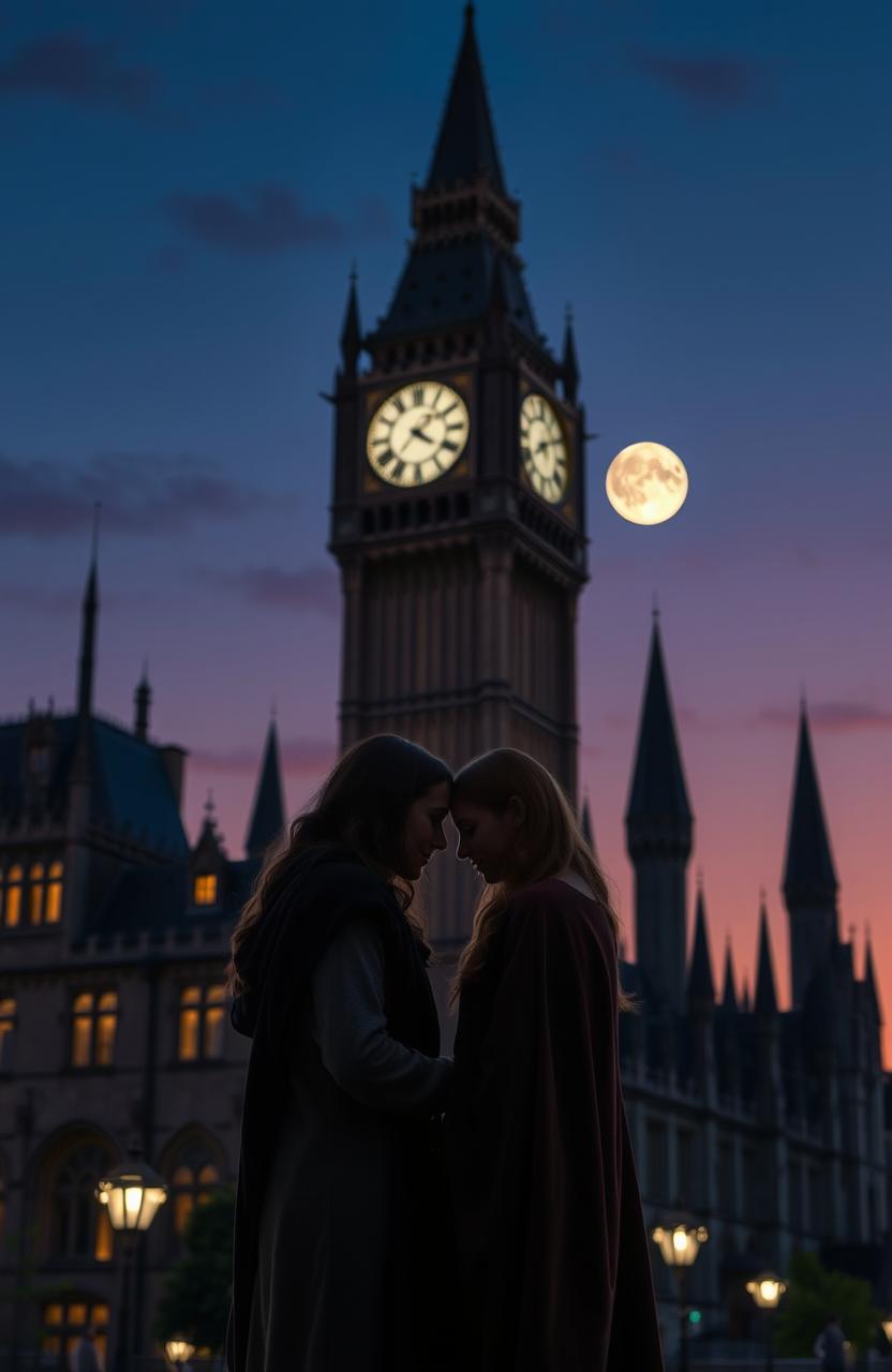 A picturesque Hogwarts clock tower set against a twilight sky, showcasing intricate architectural details with soft glowing lights