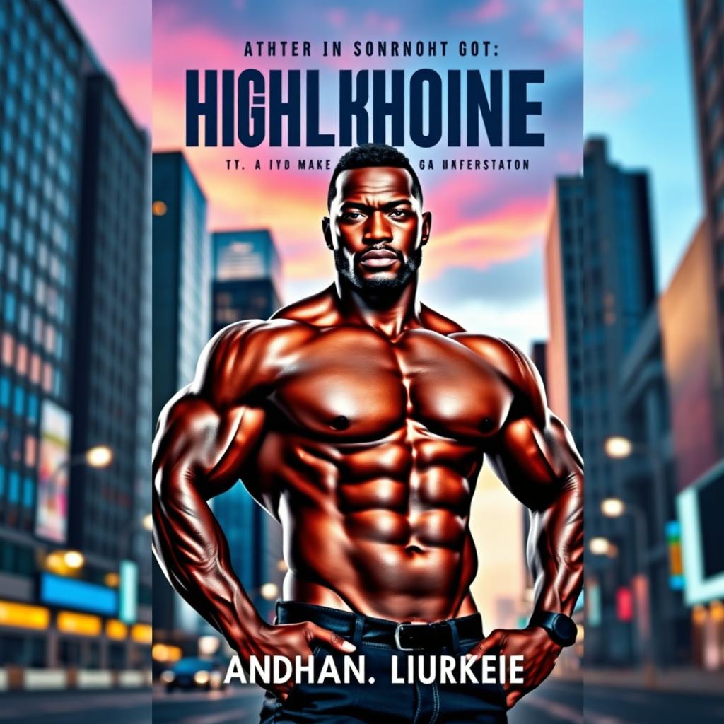 A book cover featuring a muscular man with dark skin, standing confidently in a dynamic urban setting