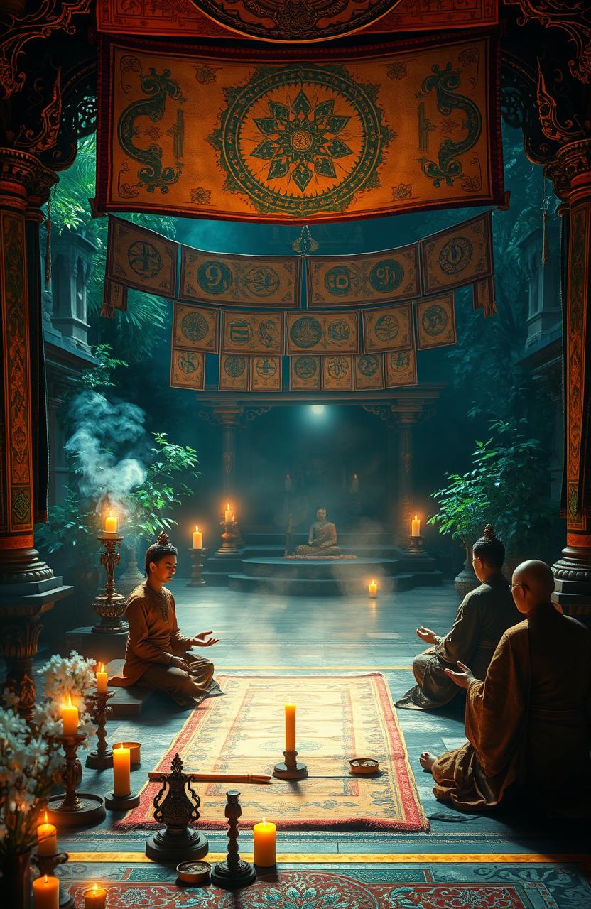 An ancient mystical scene featuring arcane symbols and vibrantly illuminated scrolls, showcasing practitioners of ancient Tantra engaged in profound meditation and rituals