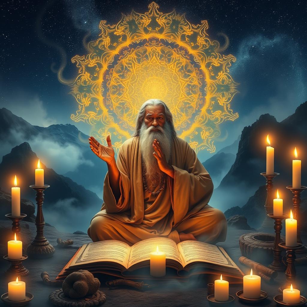 A mystical and enchanting scene depicting a sage performing powerful Siddhi rituals and mantras