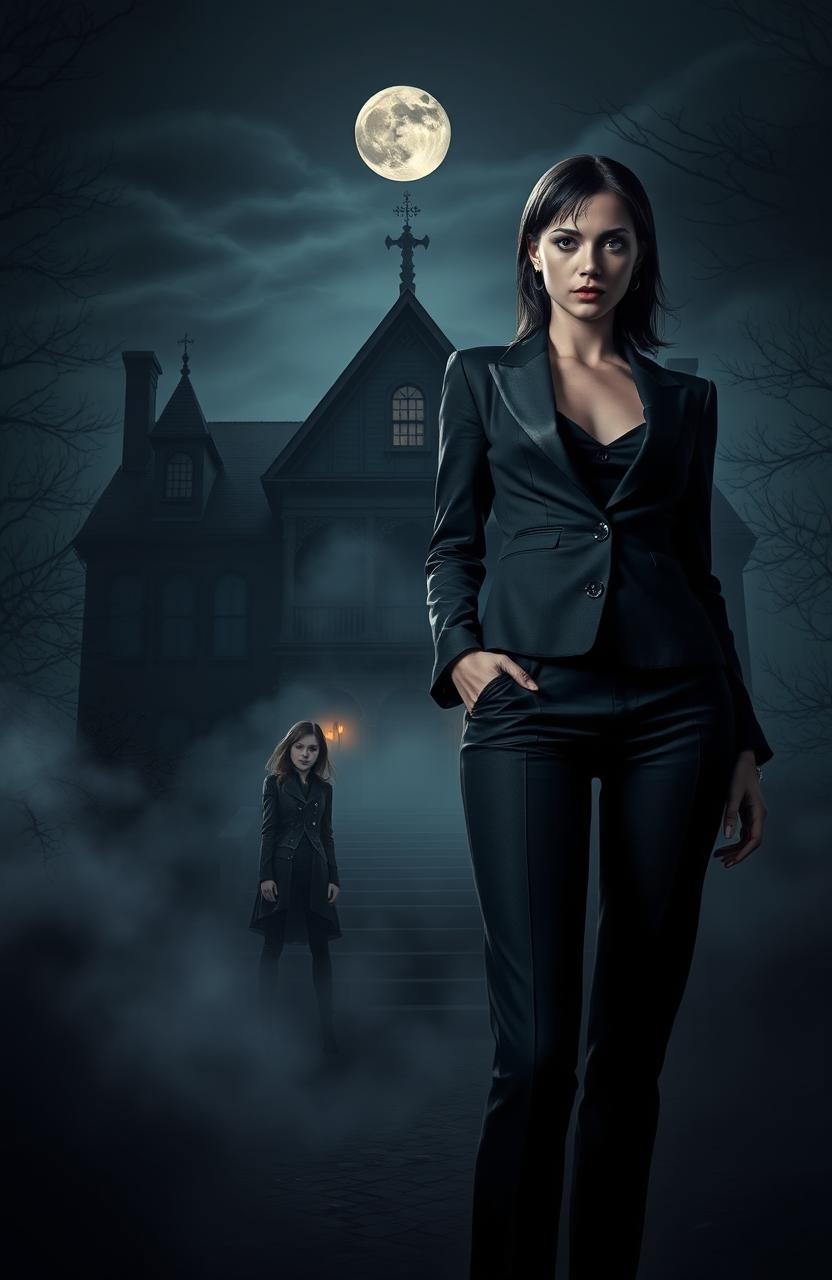 A dark and mysterious manor looms in the background, illuminated by the moonlight, casting eerie shadows