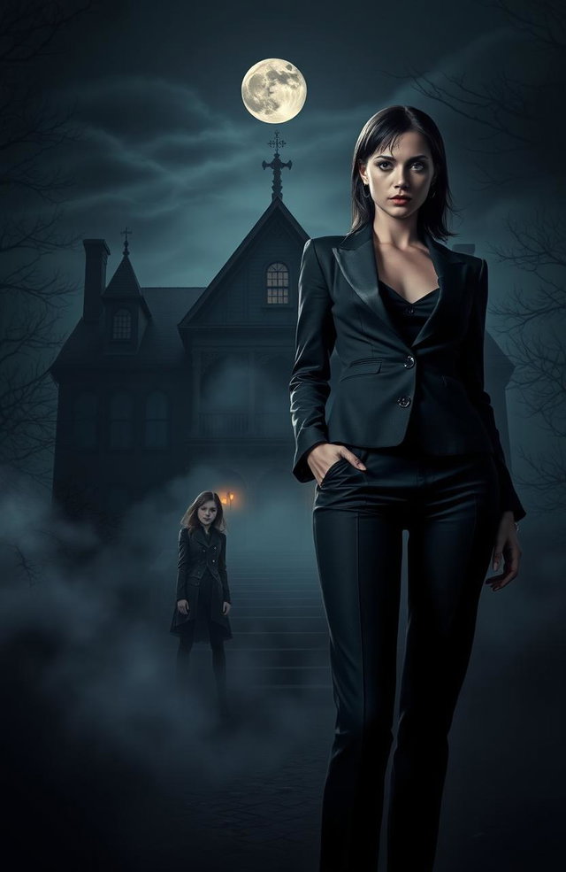 A dark and mysterious manor looms in the background, illuminated by the moonlight, casting eerie shadows
