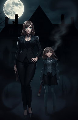 A dark and mysterious manor looms in the background, illuminated by the moonlight, casting eerie shadows