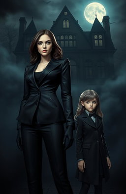 A dark and mysterious manor looms in the background, illuminated by the moonlight, casting eerie shadows